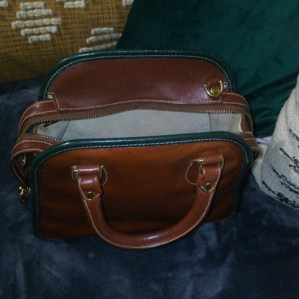 Brahmin Mini Bowler Leather Top Handle Satchel in Cognac Brown with Green Trim - Picture 7 of 14